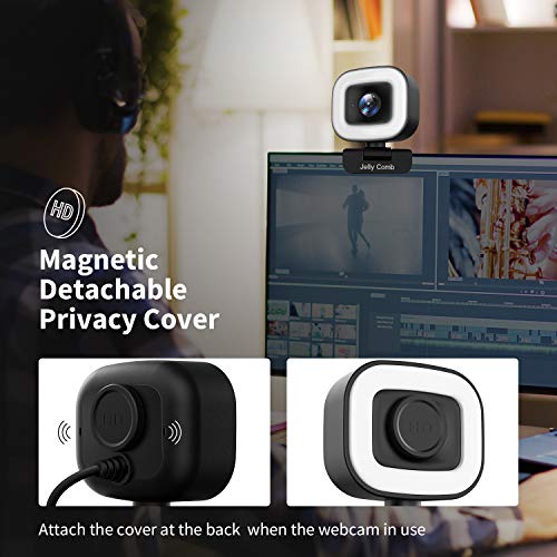 Jelly Comb Streaming HD Webcam 1080p/60fps con Anneau Lumineux y micrófonos dobles, Webcam PC Autofocus con Cubierta de privacidad para YouTube / Skype / Twitter / Zoom / XSplit