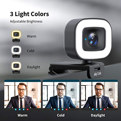 Jelly Comb Streaming HD Webcam 1080p/60fps con Anneau Lumineux y micrófonos dobles, Webcam PC Autofocus con Cubierta de privacidad para YouTube / Skype / Twitter / Zoom / XSplit