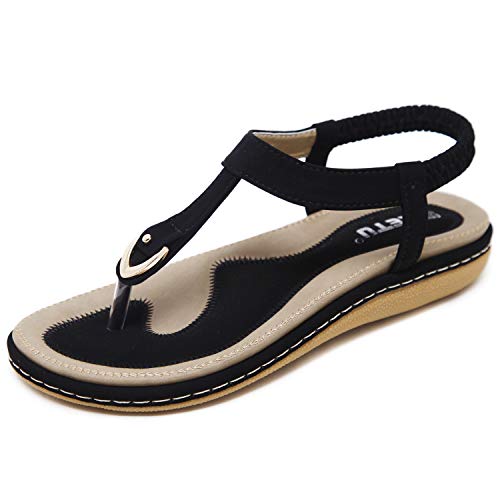 JIANKE Sandalias Mujer Verano Planas Bohemia Sandalias Cómodo Casual Zapatos de Playa Negro 41 EU