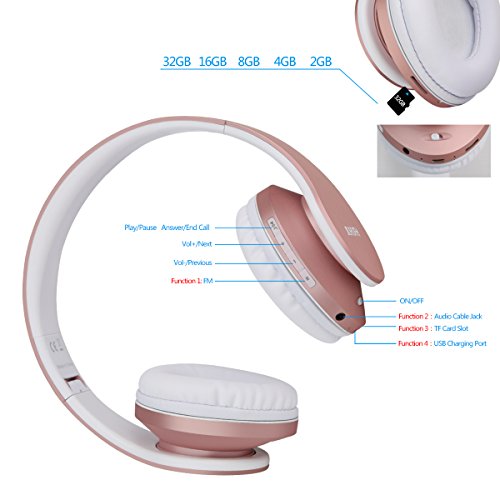 JIUHUFH Auriculares Bluetooth con Micrófono / MP3 / Radio FM/Manos Libres para Teléfonos Celulares - Rosados