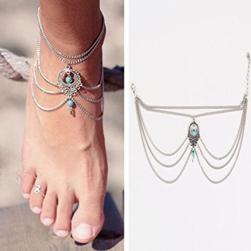 Jovono Tobillera bohemia Punk multicapa con flecos, color turquesa, para mujeres y niñas (1 unidad)