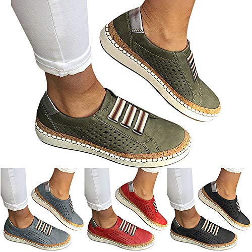 JsJr-K-In Tenis informales para mujer, sin cordones, planos, con punta redonda, antideslizante, transpirable, casual, (rojo, verde, negro, azul)