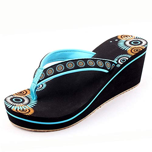JYDAN Chanclas para Mujeres Cuñas Zapatos De Playa Satín Plataforma Zapatillas,Blue,39