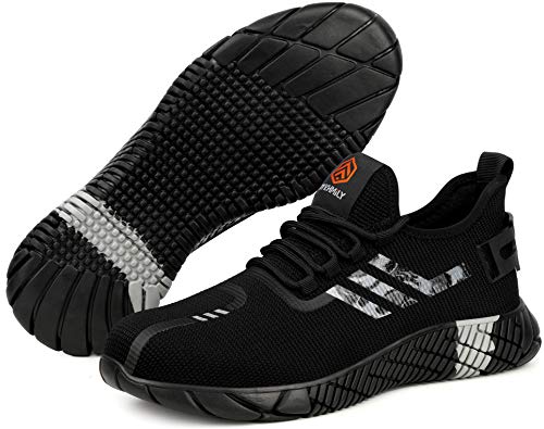 Kefuwu Zapatillas de Seguridad Hombre Ligero Calzado de Seguridad CómodoTranspirable con Punta de Acero Zapatos de Trabajo Verano (Negro Blanco, 39 EU)