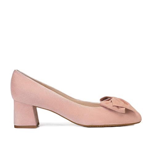 Kiara - Salones Elegantes de Vestir para Mujer en Piel con Lazo y Punta Fina - Hechos en España - Tacon Bajo Ancho 5 cm - Moda Zapatos Tacones Casual - Ante Nude Maquillaje - Rosa 39 EU