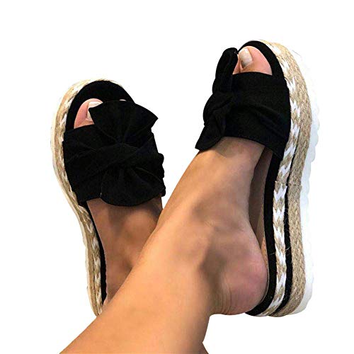 KRILY Sandalias con Plataforma para Mujer Zapatillas De Moda Sandalias Zapatillas De Bowknot con Plataforma De Suela Gruesa Zapatos De Playa De Cuerda De Cáñamo con Cuña Femenina,Negro,43