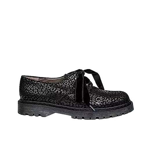 Kristel - Oxford Blucher Zapatos Negros de Piel para Mujer - Planos Suela Gruesa 3 cm - Cierre Cordoneras Terciopelo - Forro Piel - Mocasines Sport Casual - Ante Negro Jaguar - Negro 40 EU