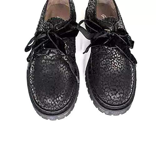 Kristel - Oxford Blucher Zapatos Negros de Piel para Mujer - Planos Suela Gruesa 3 cm - Cierre Cordoneras Terciopelo - Forro Piel - Mocasines Sport Casual - Ante Negro Jaguar - Negro 40 EU