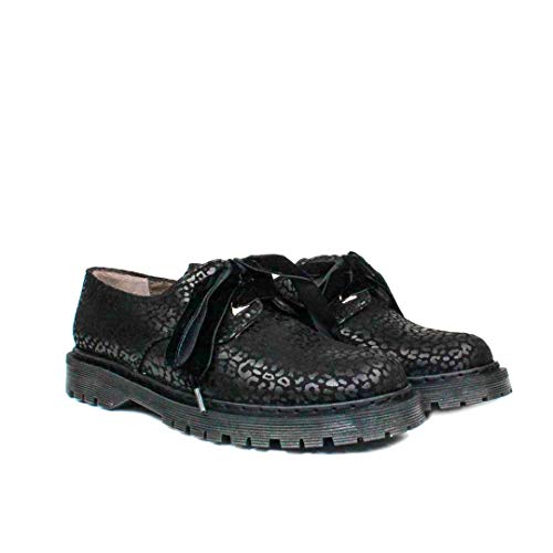 Kristel - Oxford Blucher Zapatos Negros de Piel para Mujer - Planos Suela Gruesa 3 cm - Cierre Cordoneras Terciopelo - Forro Piel - Mocasines Sport Casual - Ante Negro Jaguar - Negro 40 EU
