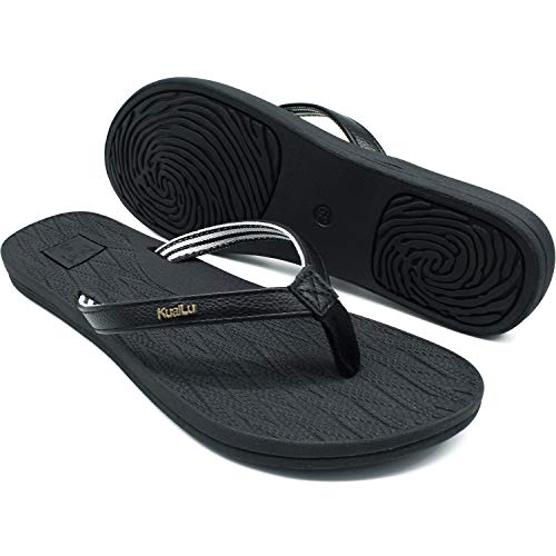 KuaiLu Chanclas Mujer Comodas Piel Verano Playa Piscina Ultraligera Sandalias de Dedo Planas Moda Caminar Antideslizante Yoga-Espuma Zapatillas Negro 37