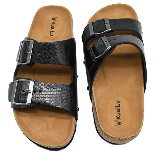 KuaiLu Sandalias de Pala Mujer Metálico Piel Verano Sandalias Bio Ajustable Buckle Comodas Plataforma Mules Planas Zuecos Negro 36