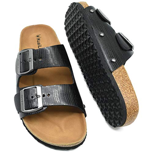 KuaiLu Sandalias de Pala Mujer Metálico Piel Verano Sandalias Bio Ajustable Buckle Comodas Plataforma Mules Planas Zuecos Negro 36