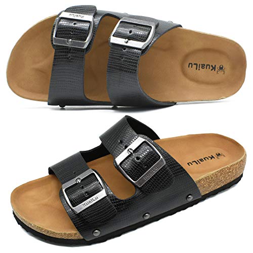 KuaiLu Sandalias de Pala Mujer Metálico Piel Verano Sandalias Bio Ajustable Buckle Comodas Plataforma Mules Planas Zuecos Negro 36
