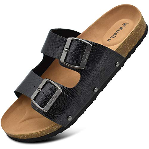 KuaiLu Sandalias de Pala Mujer Metálico Piel Verano Sandalias Bio Ajustable Buckle Comodas Plataforma Mules Planas Zuecos Negro 36