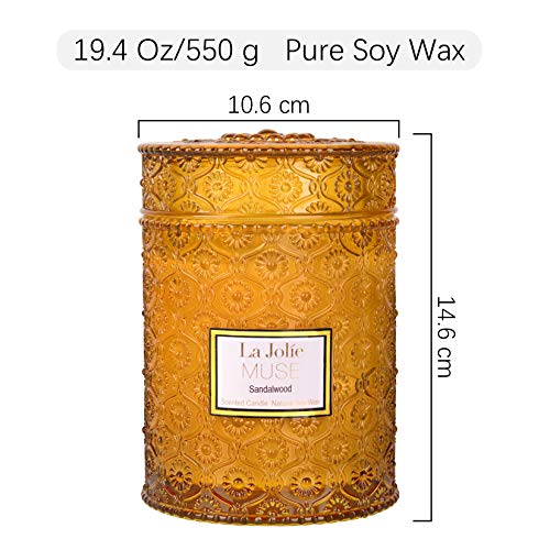 La Jolíe Muse Vela aromatica - Vela perfumada de sándalo, Vela Tarro Cristal, Vela Sandalo, Vela aromatica Grande, 90 Horas, 19.4Oz/550g