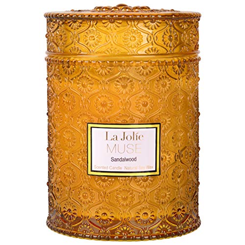 La Jolíe Muse Vela aromatica - Vela perfumada de sándalo, Vela Tarro Cristal, Vela Sandalo, Vela aromatica Grande, 90 Horas, 19.4Oz/550g