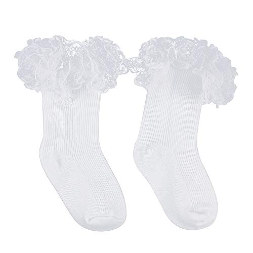 Lacofia Zapatos Bautizo Antideslizantes con Suela Blanda para bebé niñas Bailarinas Blancas con Calcetines Cruzados Bordadas 6-12 Meses