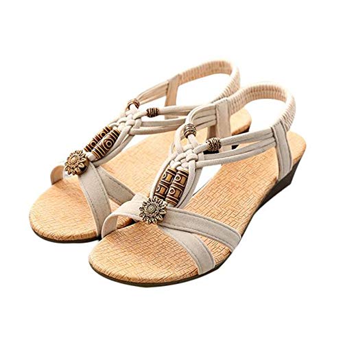 LANSKIRT Sandalias Mujer Verano 2019 Zapatos de Verano Casual con Hebilla Plana y Peep-Toe Sandalias Romanas Zuecos Elegante Zapatos de Mujeres de Vestir Baratos(Beige, 37 EU)