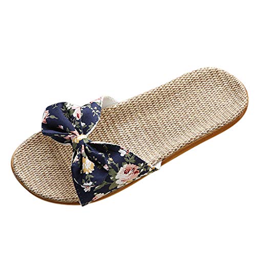 LANSKIRT Sandalias Planas Mujer Bohemia Bowknot Lino Chanclas Verano Zapatos Playa, Sandalias Zapatilla Verano