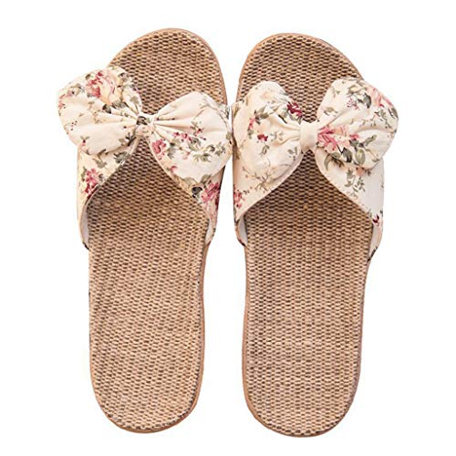 LANSKIRT Sandalias Planas Mujer Bohemia Bowknot Lino Chanclas Verano Zapatos Playa, Sandalias Zapatilla Verano