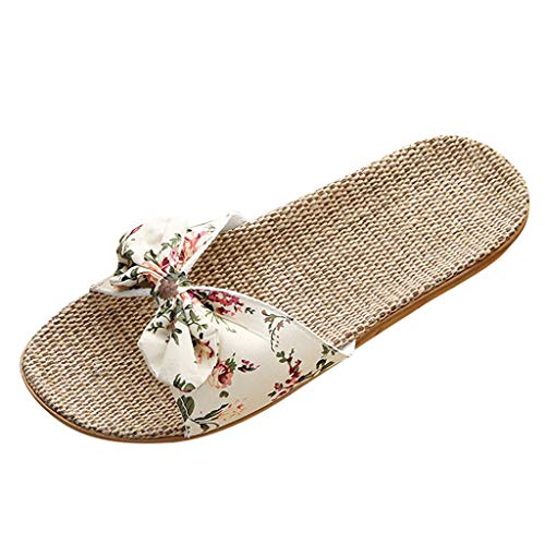 LANSKIRT Sandalias Planas Mujer Bohemia Bowknot Lino Chanclas Verano Zapatos Playa, Sandalias Zapatilla Verano