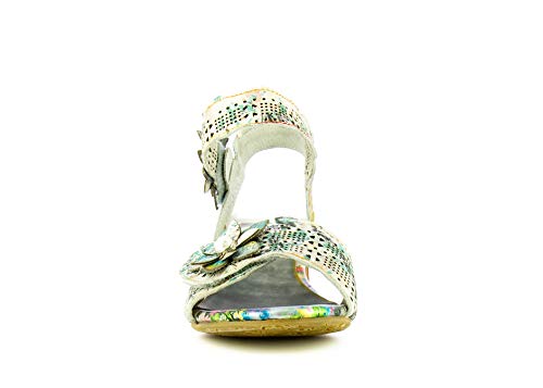 Laurra Vita HUCBIO 05 - Sandalias de piel para mujer, zapatos de ciudad de verano, brida de tobillo con suela cómoda de tacón – Estilo original flor, plata, (plata), 39 EU