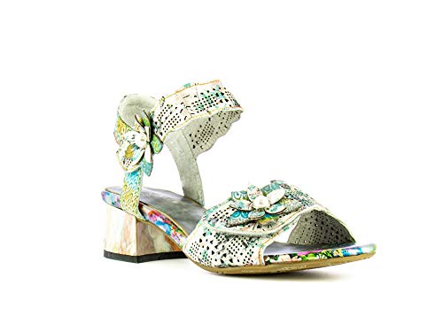 Laurra Vita HUCBIO 05 - Sandalias de piel para mujer, zapatos de ciudad de verano, brida de tobillo con suela cómoda de tacón – Estilo original flor, plata, (plata), 39 EU