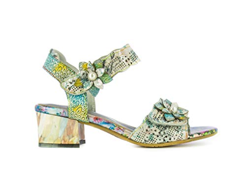 Laurra Vita HUCBIO 05 - Sandalias de piel para mujer, zapatos de ciudad de verano, brida de tobillo con suela cómoda de tacón – Estilo original flor, plata, (plata), 39 EU