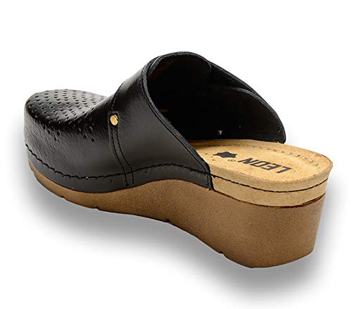 Leon 1001 Zuecos Zapatos Zapatillas de Cuero Para Mujer, Negro, EU 37