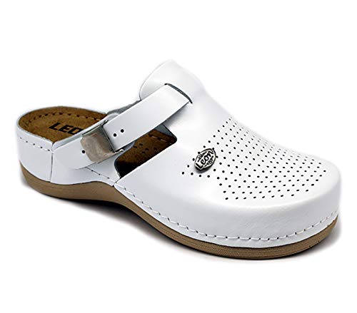 LEON 900 Zuecos Zapatos Zapatillas de Cuero para Mujer, Blanco, EU 41