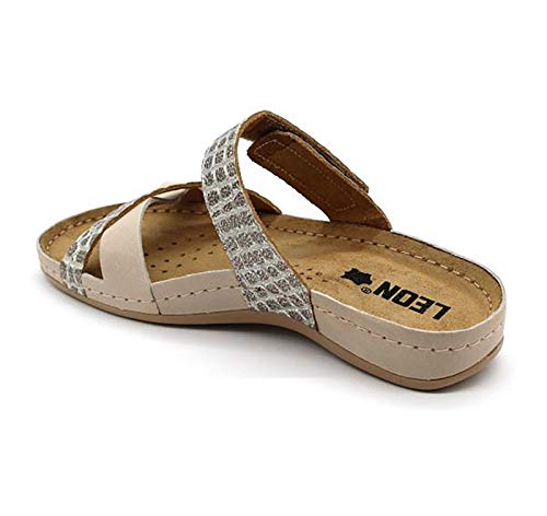 LEON 957 Sandalias Zuecos Zapatos Zapatillas de Cuero para Mujer, Beige, EU 40