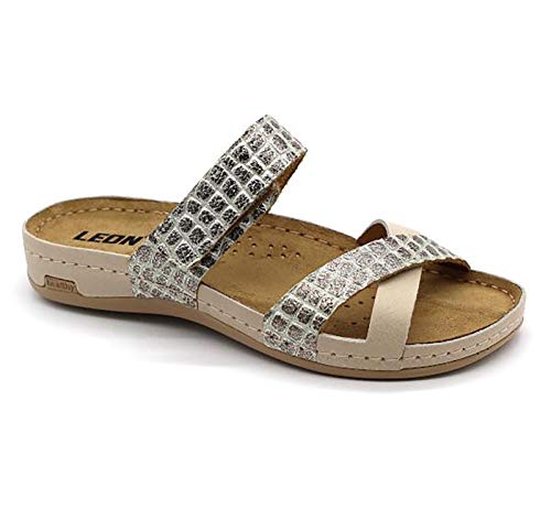 LEON 957 Sandalias Zuecos Zapatos Zapatillas de Cuero para Mujer, Beige, EU 40