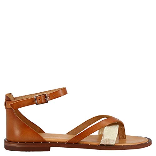 Leonardo Shoes Sandalias Bajas Mujer Hechas a Mano Piel marrón Platino Laminado - Número de Modelo: 303B Lam. PLAT. Cuoio - Tamaño: 41 EU