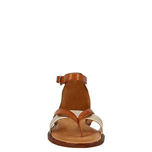 Leonardo Shoes Sandalias Bajas Mujer Hechas a Mano Piel marrón Platino Laminado - Número de Modelo: 303B Lam. PLAT. Cuoio - Tamaño: 41 EU