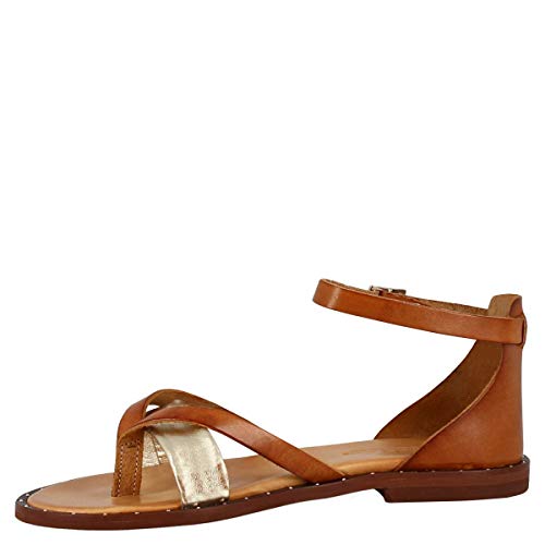Leonardo Shoes Sandalias Bajas Mujer Hechas a Mano Piel marrón Platino Laminado - Número de Modelo: 303B Lam. PLAT. Cuoio - Tamaño: 41 EU