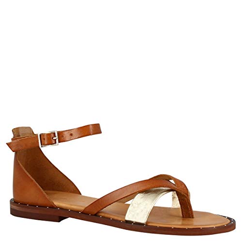 Leonardo Shoes Sandalias Bajas Mujer Hechas a Mano Piel marrón Platino Laminado - Número de Modelo: 303B Lam. PLAT. Cuoio - Tamaño: 41 EU