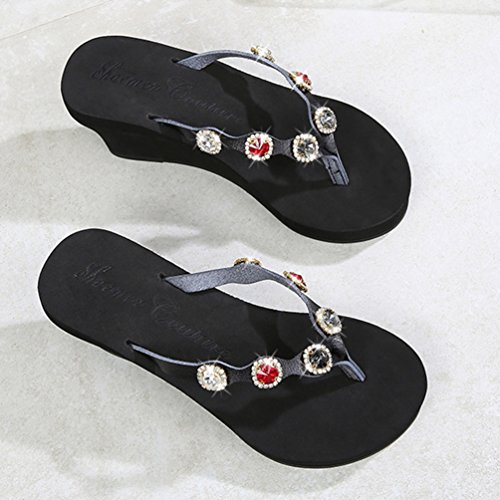 LINNUO Chanclas Cuñas Mujer con Rhinestones Zapatilla de Playa Verano Sandalias Plataformas Flip Flops Pantuflas Tacon (Negro,CN 37)