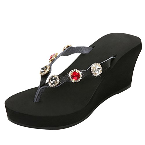 LINNUO Chanclas Cuñas Mujer con Rhinestones Zapatilla de Playa Verano Sandalias Plataformas Flip Flops Pantuflas Tacon (Negro,CN 37)