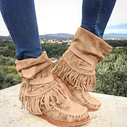 Logobeing Botas Mujer Roma Rebajas Elegantes Botas de Cuña con Punta Redonda Retro Fringe Botines Cortos Zapatos Planos (38, Brown)