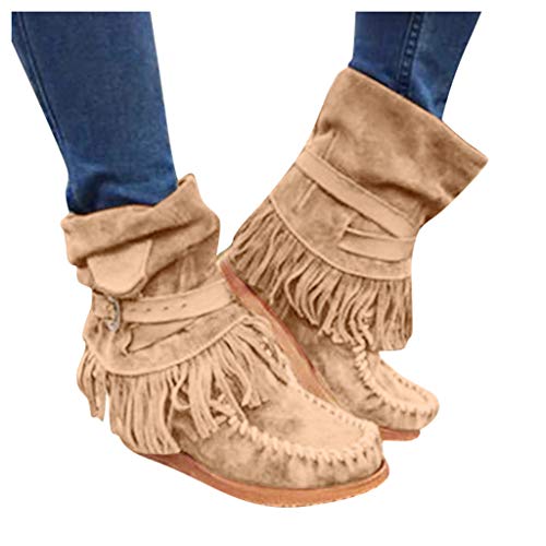 Logobeing Botas Mujer Roma Rebajas Elegantes Botas de Cuña con Punta Redonda Retro Fringe Botines Cortos Zapatos Planos (38, Brown)