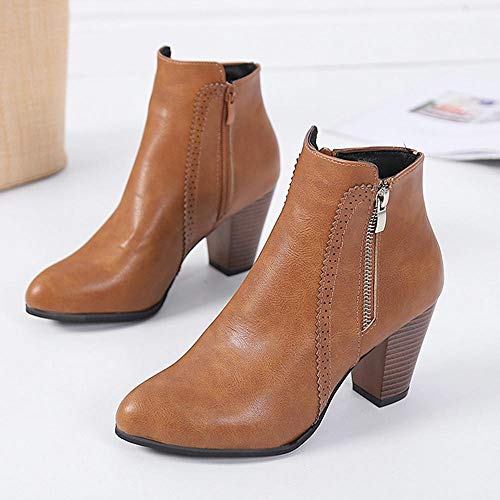 Logobeing Botines Mujer Tacon Invierno Planos Tacon Ancho Piel Botas de Mujer Medio Zapatos Combat Casual Planas Zapatos de Plataforma-5849(38,Marrón)