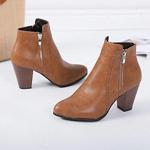 Logobeing Botines Mujer Tacon Invierno Planos Tacon Ancho Piel Botas de Mujer Medio Zapatos Combat Casual Planas Zapatos de Plataforma-5849(38,Marrón)