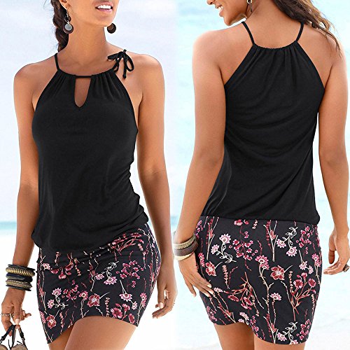 Logobeing Ropa de Mujer Vestidos Falda Chaleco Vestido Mini Playa Sin Mangas con Estampado Retro Camisetas Verano (Negro, M)