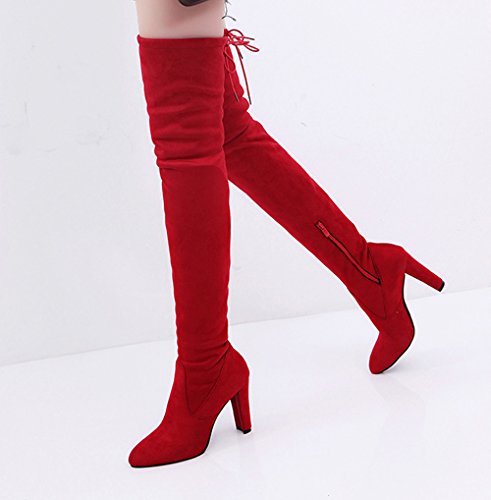 Logobeing Zapatos Mujer Tacones Botines Mujer Tacon Botas Altas Elásticas Falsas Delgadas Rodilla Botas de Mujer Casual Plataforma Ante Botas de Cordones Calientes Martin Boots (Rojo, 42)
