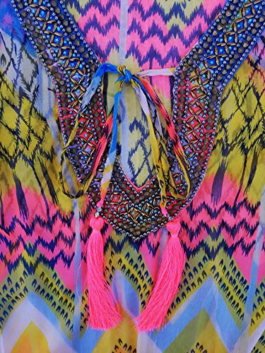 Lola Casademunt Vestido Corto Verano Mujer Kaftan Estampado Semitransparente Cuello V Protector Solar para Cubrir Bikini Moda Hippie Mini Playa (L)