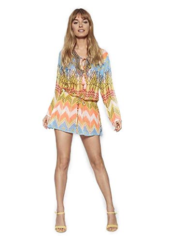 Lola Casademunt Vestido Corto Verano Mujer Kaftan Estampado Semitransparente Cuello V Protector Solar para Cubrir Bikini Moda Hippie Mini Playa (L)