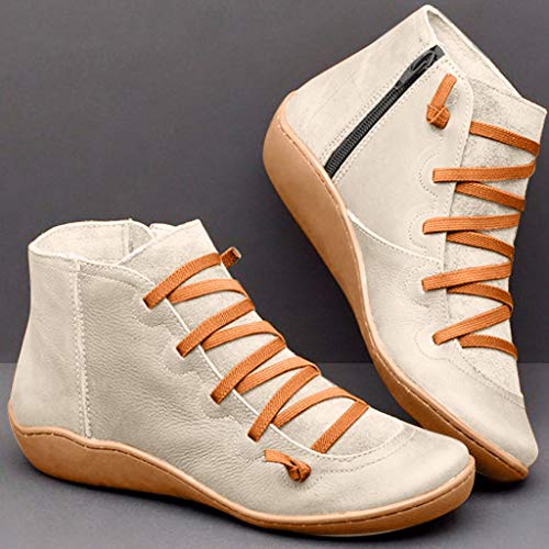 Luckycat 2019 Botas para Mujer Botines de Cuero Otoño Vintage con Cordones Zapatos de Mujer Botas cómodas de tacón Plano Cremallera Bota Corta Botas de Nieve Mujer Impermeable