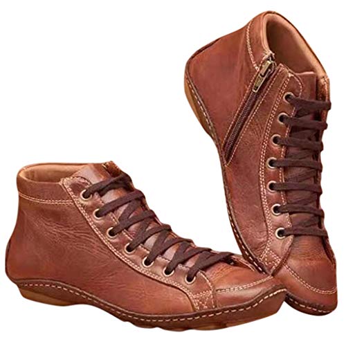 Luckycat Botas de Piel sintética para otoño, Vintage, con Cordones, para Mujer, cómodas, Planas, con Cremallera