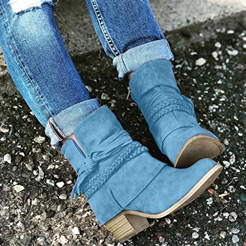 Luckycat Botas Militar para Mujer Botines Mujer Tacon Ancho Ante Cuero Tobillo Botas Piel Ankle Boots 7 Cm Cremallera Moda Comodos Verano Primavera Zapatos de tacón