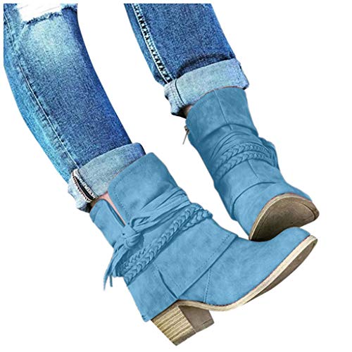 Luckycat Botas Militar para Mujer Botines Mujer Tacon Ancho Ante Cuero Tobillo Botas Piel Ankle Boots 7 Cm Cremallera Moda Comodos Verano Primavera Zapatos de tacón